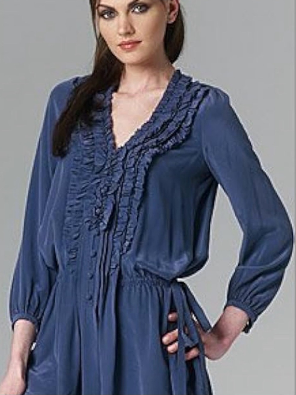 Rebecca Taylor 100% Silk Ruffle Front Mini Dress Size 4 Slate Blue Tie Waist